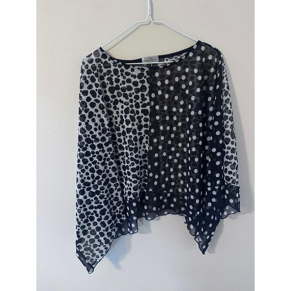 Vine Street Poncho Top S/M Black White Excellent Mixed Polka Dot Mesh Mesh